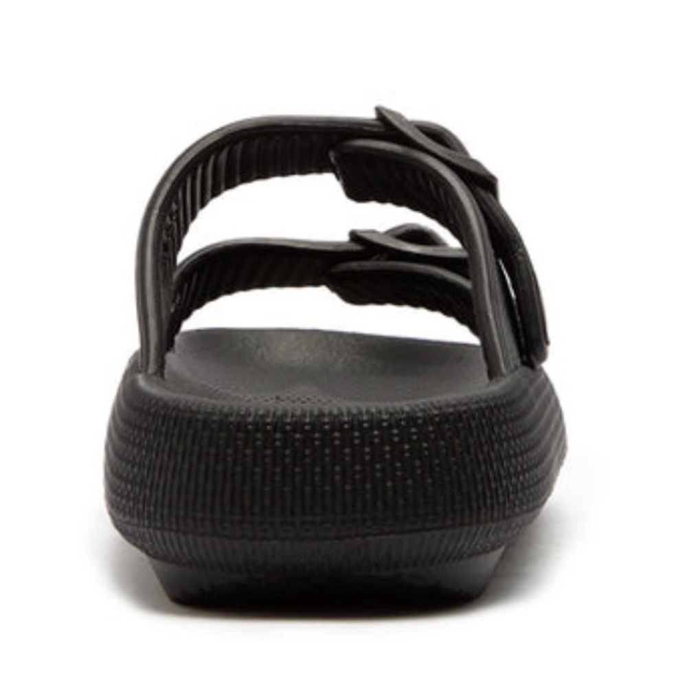 Last One Qupid KEY Women Black Vinyl 2-Band Buckle Platform Padded Slide Sandals - Picture 2 of 5